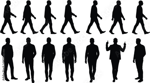 Silhouette of men walking, standing, posing, business and casual style, male figures in motion, people gestures, isolated on white background
