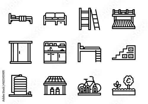 Hostel & Shared Living Vector Icon Set | Bold Line Style | Bunk Bed, Dorm, Kitchen, Locker, Bicycle, Bed, Furniture, Storage, Common Area Icons