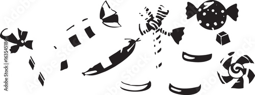 Black and white graphic elements of various candies and sweets candy confectionery