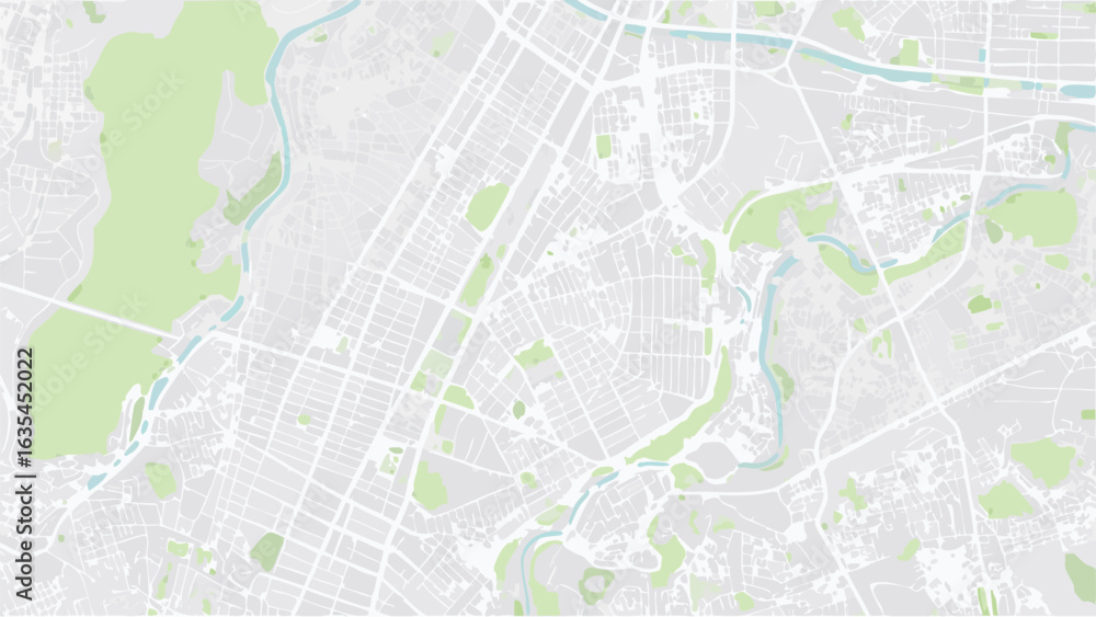 Fototapeta premium Vector detailed light gray map illustration featuring city streets green parks and winding rivers in an aerial view