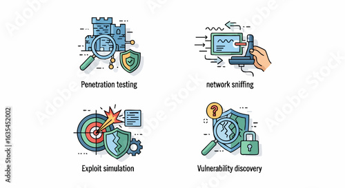 Cybersecurity illustration set penetration testing network sniffing