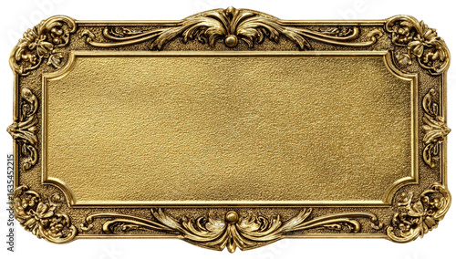 Ornate gold plaque, rectangular shape with detailed frame