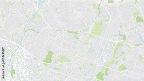 Vector aerial view of a city map with green spaces and waterways in a light color palette showing urban design