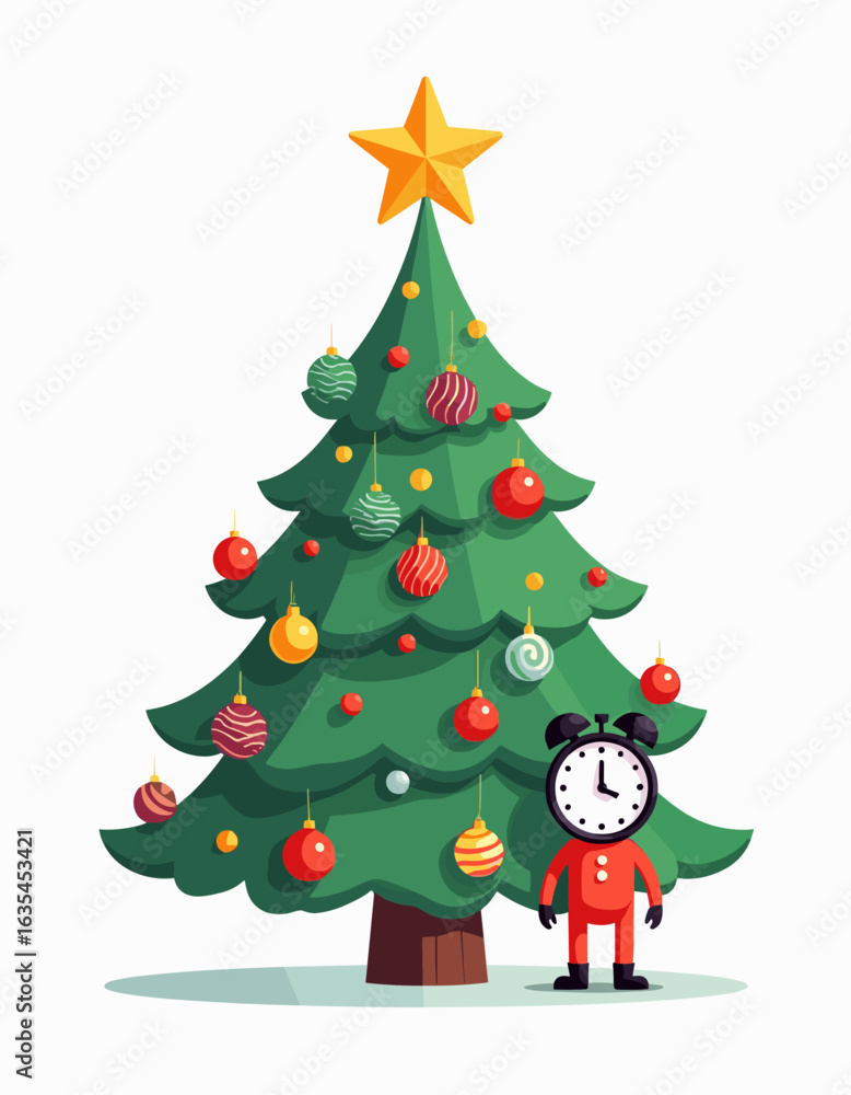 Naklejka premium Christmas tree with gift and clock cartoon illustration