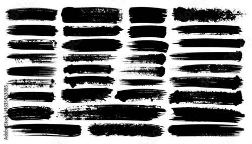 Collection of 30 varied black paintbrush strokes on white