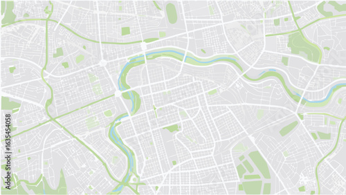 Vector aerial view of city map with winding river, green spaces, and street grid in a muted color palette design