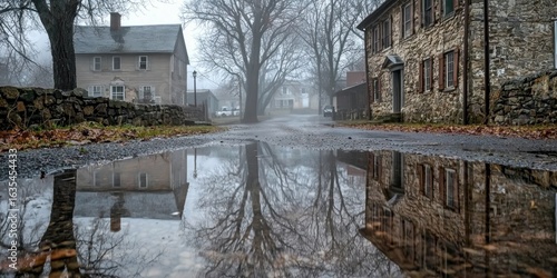Fototapeta Naklejka Na Ścianę i Meble -  A misty morning in a small town as rainwater fills the streets and puddles reflect old stone houses