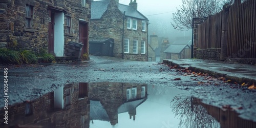 Fototapeta Naklejka Na Ścianę i Meble -  A misty morning in a small town as rainwater fills the streets and puddles reflect old stone houses