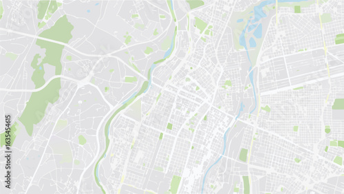 Vector detailed map showing city streets, green spaces, and river ways in a light color scheme layout design