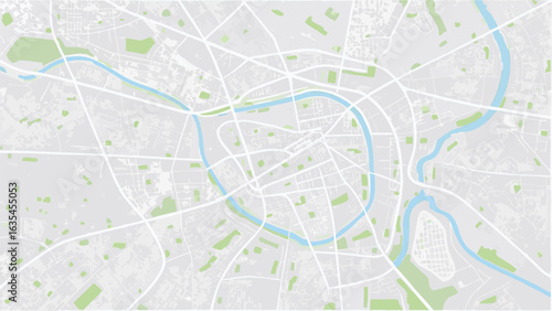 Vector aerial view of a city map with a river running through it and scattered green spaces and white roads