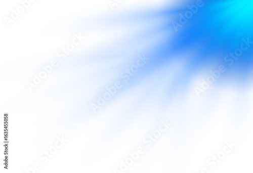 digital abstract image showing bright blue glowing light in upper right corner with soft radial rays fading into white background for design use