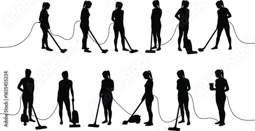 Silhouette of people vacuuming, cleaning floor, holding vacuum cleaner, doing household chores, domestic work, hygiene, sanitation, home cleaning, housework activities