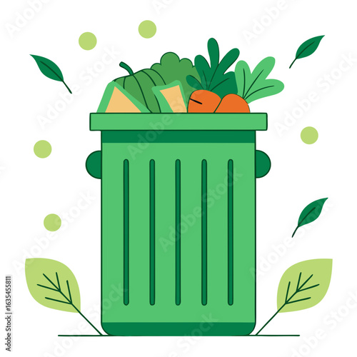 Green bin overflowing with fresh vegetables and leaves