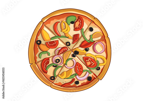Vibrant vegetarian pizza topped with olives, peppers, and onions arranged in a circular layout. Food concept