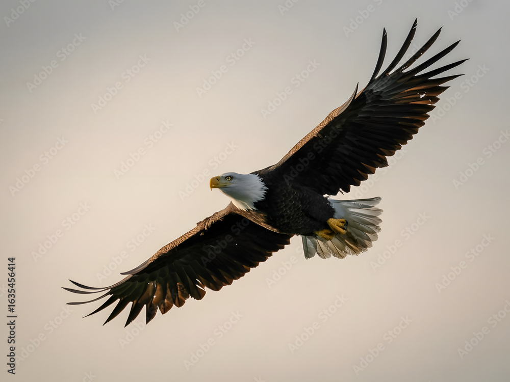 Obraz premium American bald eagle soaring high in the blue sky with wings spread wide