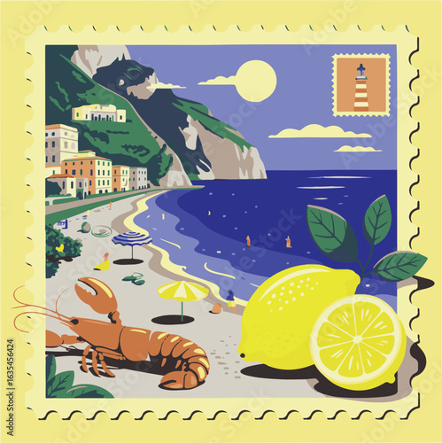Summer stamp from Italy. Lemon vintage postcard. Summer illustration, vector design with Italian Amalfi beach. Post stamp pattern. Retro Italy vacation, sea travel. Lemon, lobster, lighthouse frame ..