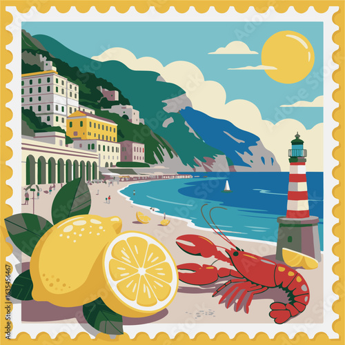 Summer stamp from Italy. Lemon vintage postcard. Summer illustration, vector design with Italian Amalfi beach. Post stamp pattern. Retro Italy vacation, sea travel. Lemon, lobster, lighthouse frame ..