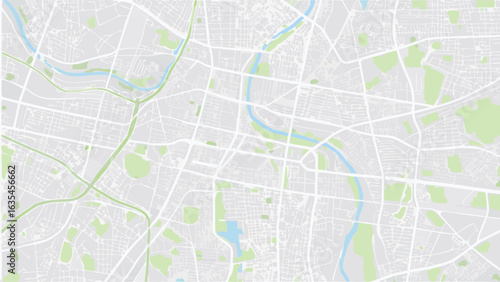 Vector aerial view of a city map with streets, parks and water features in a light color palette design style