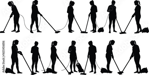 Silhouette of women vacuuming, cleaning floor, using vacuum cleaner, doing household chores, domestic work, home cleaning, sanitation, hygiene, tidying, dust removal