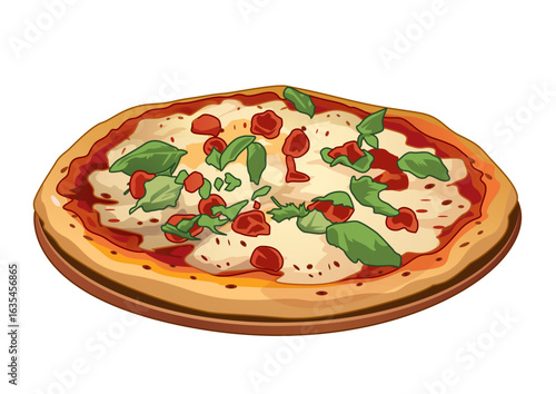 Traditional margarita pizza garnished with fresh basil and tomatoes on a wooden base. Food concept