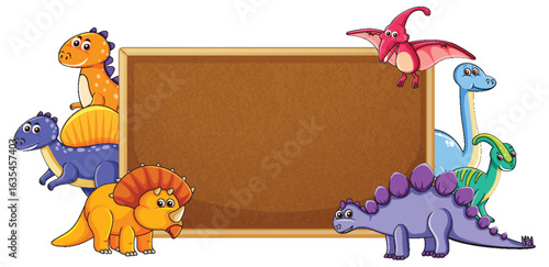 Colorful Dinosaurs Around a Blank Notice Board