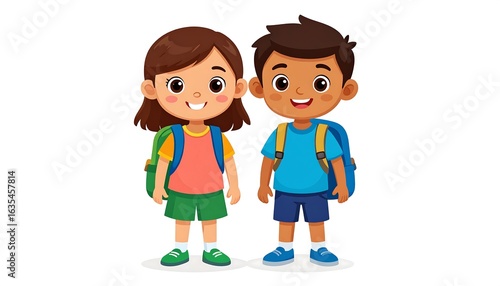 Two Happy Cartoon School Kids with Backpacks Ready for Education and Learning