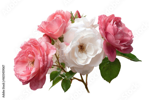 Close-up of a bouquet of pink and white roses.  Soft petals, dew-like highlights, and green leaves are visible