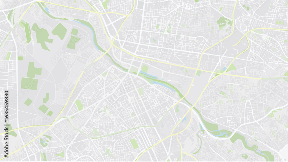 Fototapeta premium Vector aerial view of a city map with parks and a river running through it in a light color palette design style
