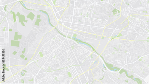 Vector aerial view of a city map with parks and a river running through it in a light color palette design style