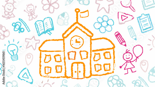 Hand drawn school building with clock and flag surrounded by education related doodles in various colors