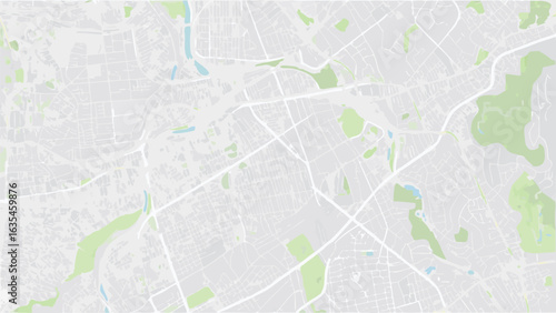 Vector aerial view of a city map with roads, green spaces, and water features in a muted color palette design