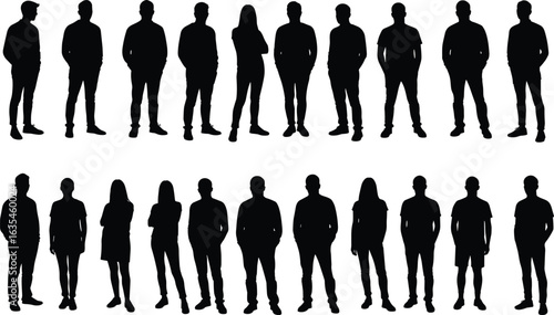 Silhouettes of men and women, standing poses, full body, group people, business concept, teamwork, diversity, fashion, casual, isolated