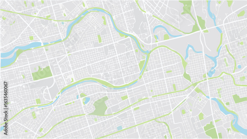Vector detailed city map featuring winding rivers and green spaces with a network of streets and roads layout