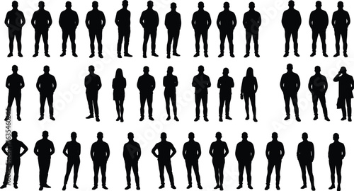 Silhouettes of diverse people, men and women, standing poses, full body, crowd, business concept, teamwork, diversity, casual, isolated