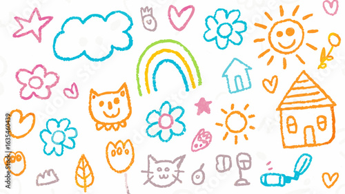 A colorful crayon drawing featuring a mix of whimsical elements like flowers suns and simple houses artfully arranged