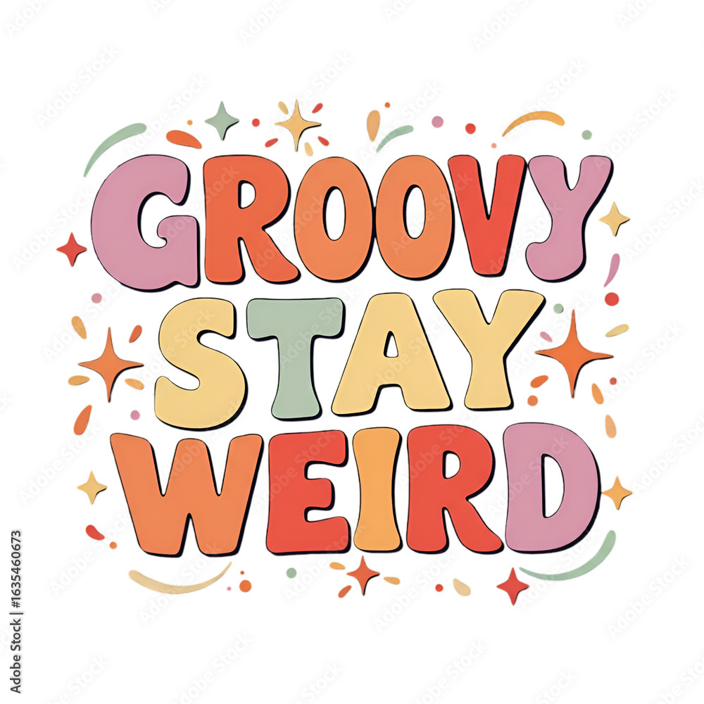 Fototapeta premium Groovy Stay Weird Text Illustration with Stars on Isolated Black Background