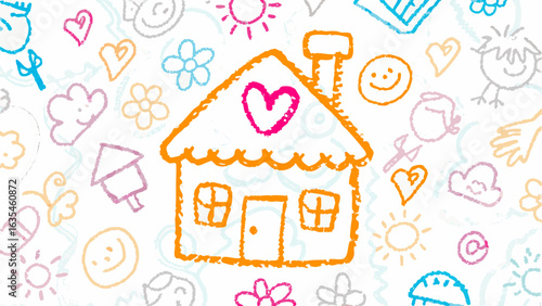 Childlike drawing of a house with a heart surrounded by other doodle elements on a white background