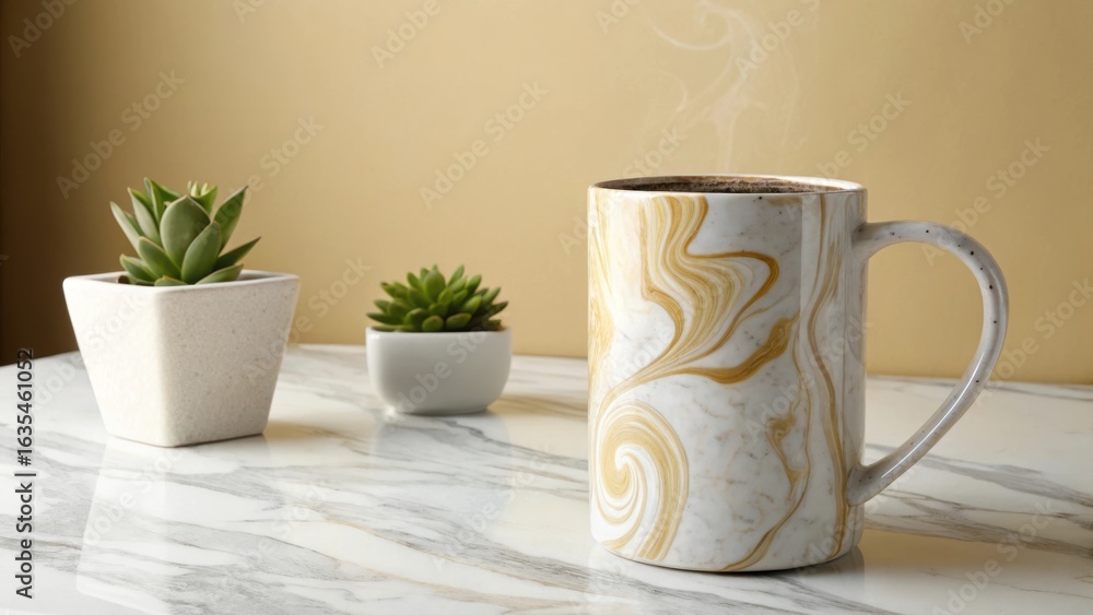 Tall marbled mug with succulents on marble surface Tall marbled mug with succulents on marble surface