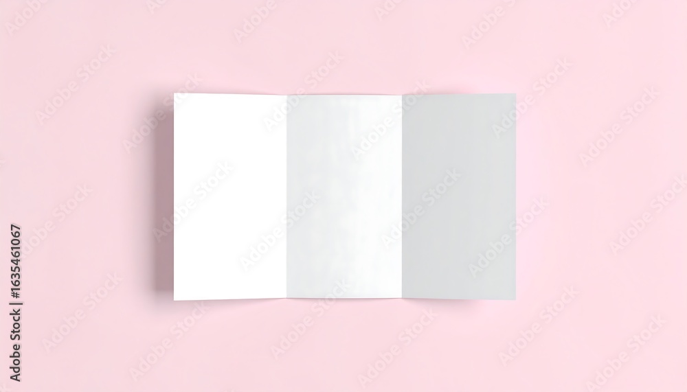 Fototapeta premium Top view of a blank open trifold brochure mockup. White paper pamphlet template for branding and marketing on a pink background.