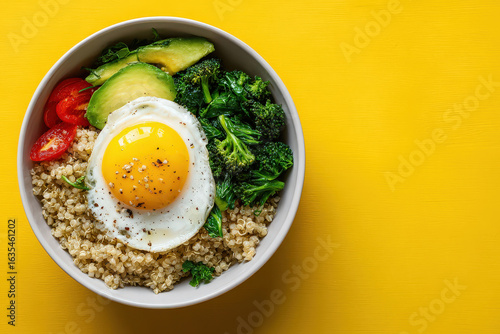 clean eating bowl filled with fresh avocado buckwheat and colorful vegetables on solid bright background