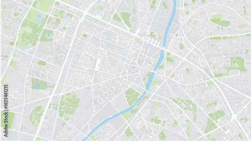 Vector detailed map illustration featuring a river winding through a city with parks and street grid layout