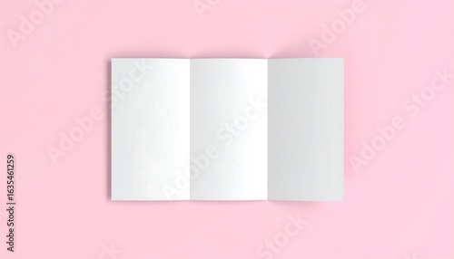 Blank trifold brochure mockup template laying open on a pink background. White paper pamphlet for design presentation and advertising.