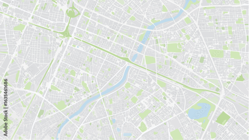 Vector aerial view of a city map with rivers streets and green spaces in a light color palette design style Vector aerial view of a city map with rivers streets and green spaces in a light color palette design style