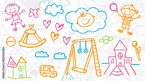 Colorful crayon drawing of children playing with swings and other playground equipment on white background