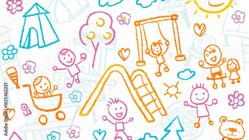 Colorful crayon drawing of children playing at the playground with a slide and swings and other fun things
