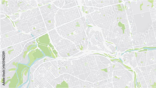 Vector aerial view of a city map with parks and rivers in light gray and green color palette design style