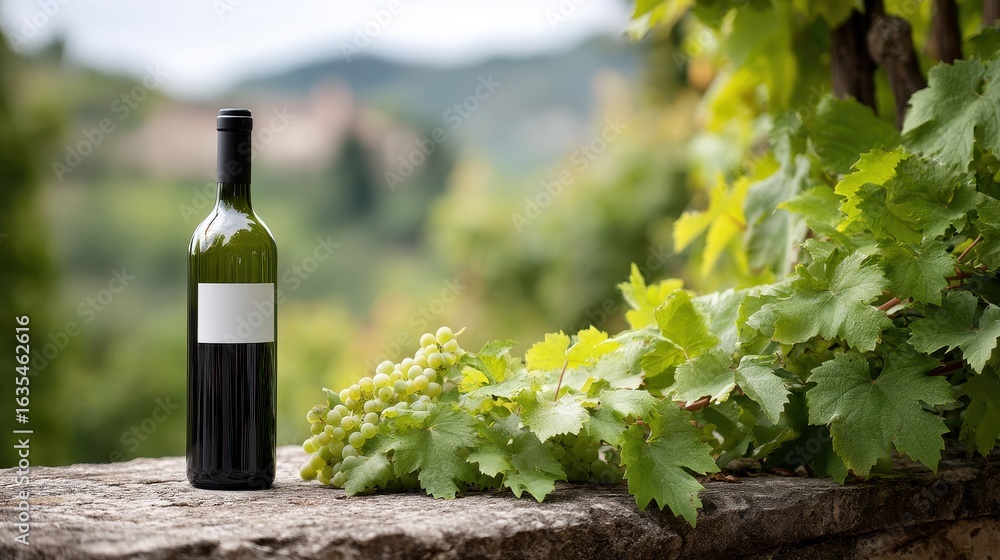 Fototapeta premium Vineyard Scene with Wine Bottle Display