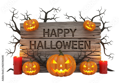 Spooky halloween scene with carved pumpkins and candles isolated on transparent background