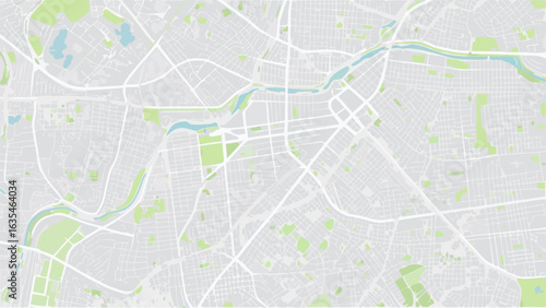 Vector aerial view of a city map featuring roads, green spaces, and a winding river in a muted color palette