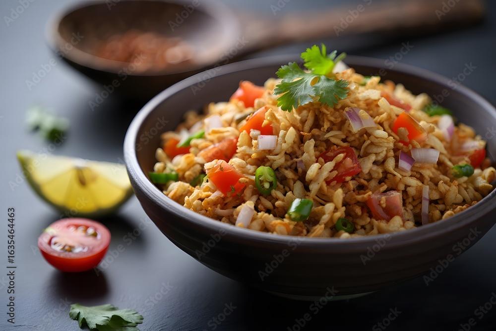 Delicious indian street food bhel puri served in a bowl with lime and tomatoes Delicious indian street food bhel puri served in a bowl with lime and tomatoes